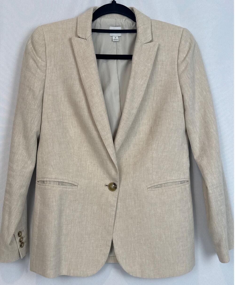 J.Crew Womens Linen Cotton Blend One Button Blazer Size 2 Beige Preppy Coastal